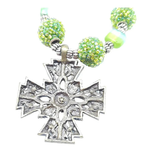 Statement Cross Pendant Ball Beaded Necklace Green Toggle Closure Vintage - Picture 5 of 7